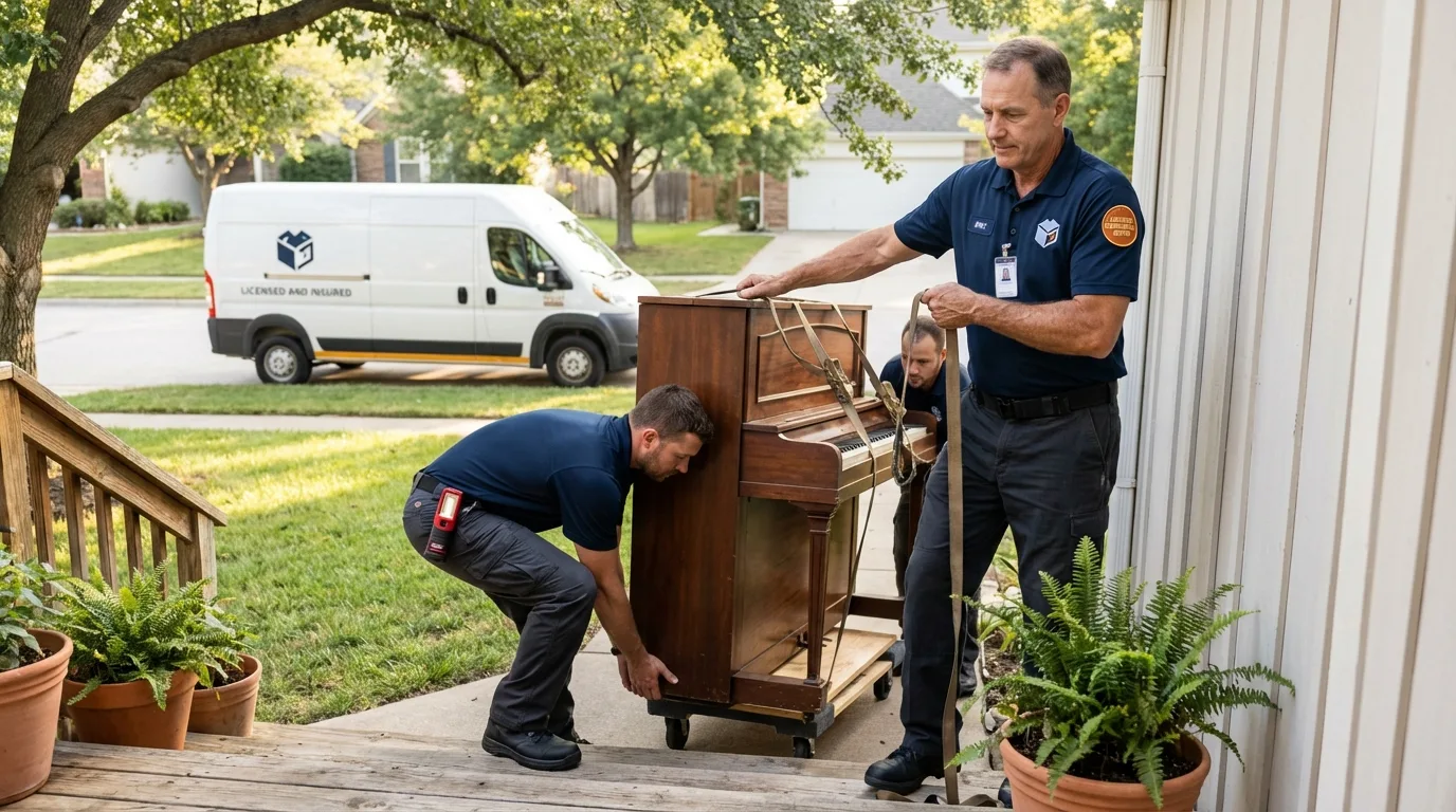 Licensed piano movers securing grand piano in Dacula, GA
