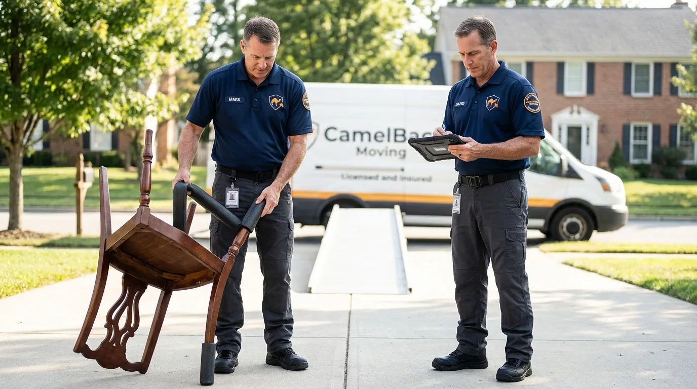 Movers inspecting furniture for damage prevention before loading in Dacula, GA