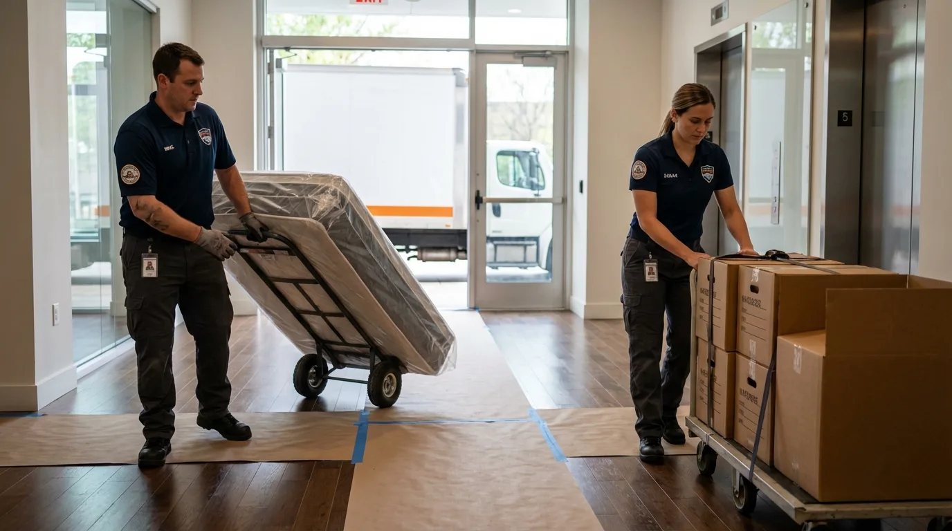 Professional apartment movers loading elevator in Dacula, GA